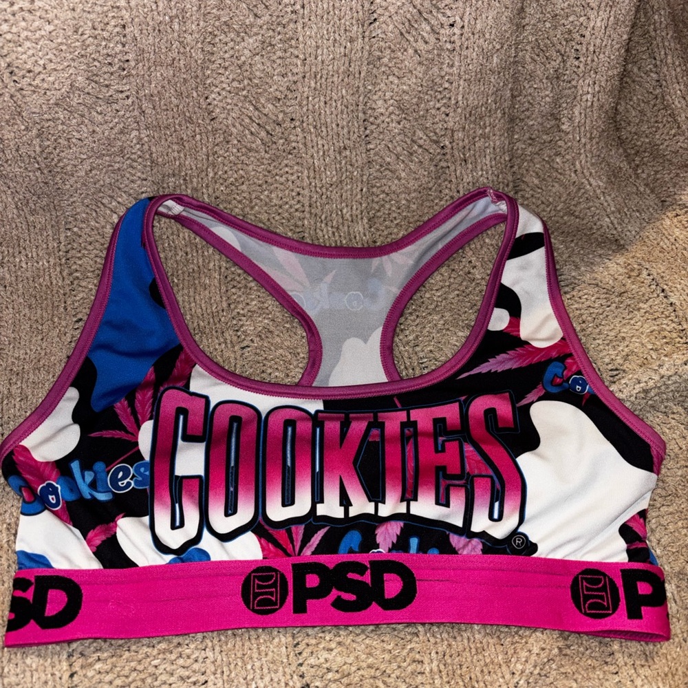 PSD Pink and Blue 'Cookies' Sports Bra size Large Like New